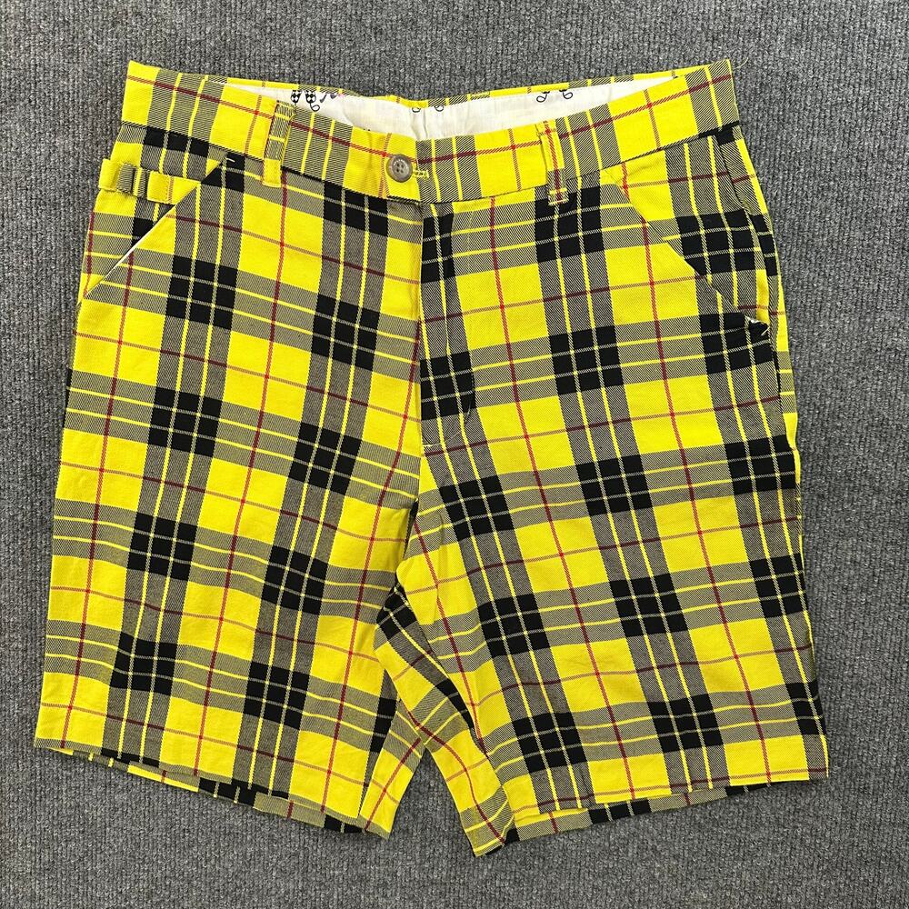Royal & Awesome Men's Wild Print Golf Short Yellow Scottish Plaid Bright Loud 32